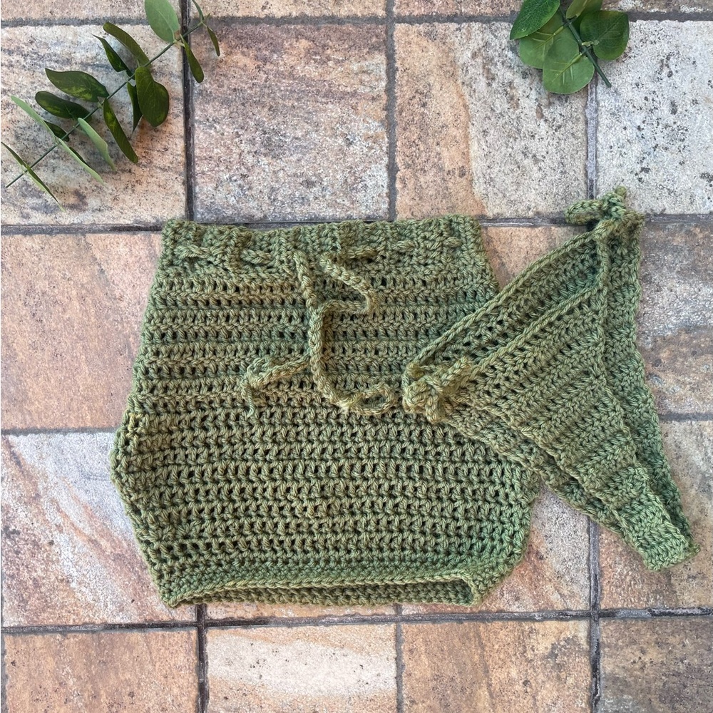 Handmade Crochet Mini Skirt | Olive Green Cotton | Size S/M | Boho Festival